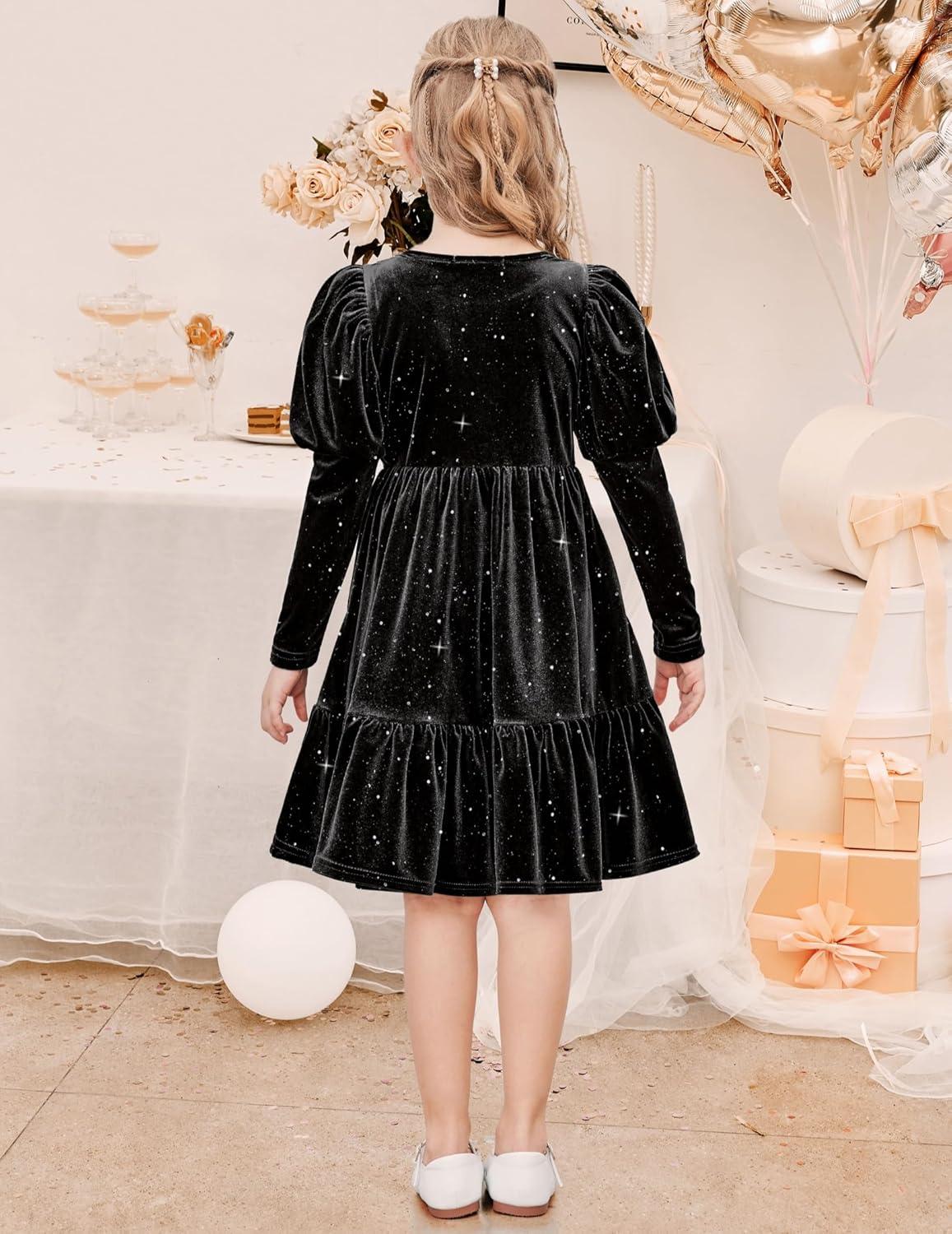 imageArshiner Toddler Velvet Dress Girls Puff Long Sleeves Crew Neck Party Fall Winter Ruffle Dresses with Pockets 28YSequins Black