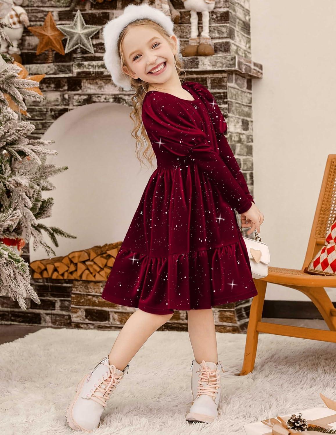 imageArshiner Toddler Velvet Dress Girls Puff Long Sleeves Crew Neck Party Fall Winter Ruffle Dresses with Pockets 28YSequins Burgundy
