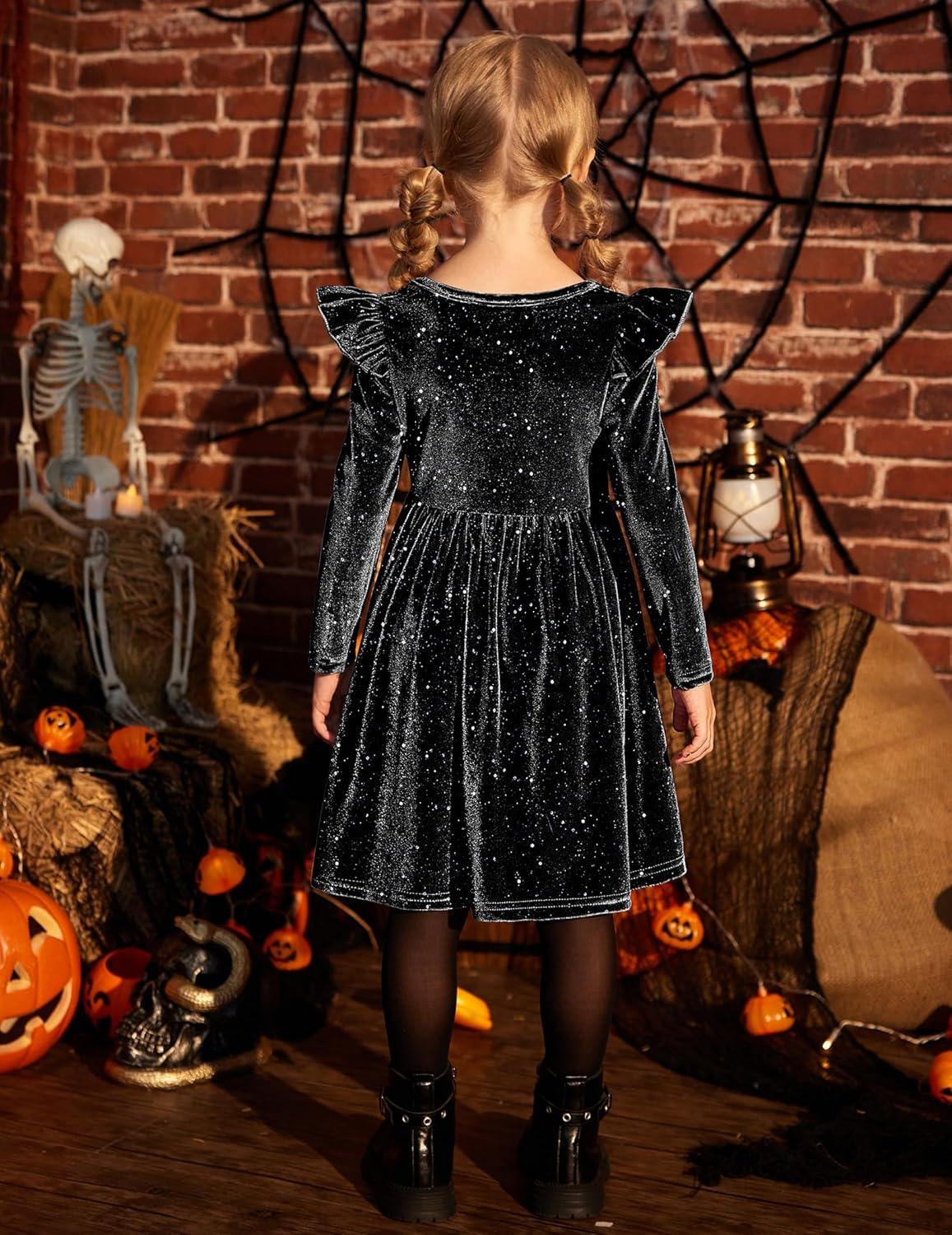 imageArshiner Toddler Velvet Dress Little Girls Fall Winter Long Sleeve Ruffle Holiday Birthday Party Dresses with PocketsBlack Sequin