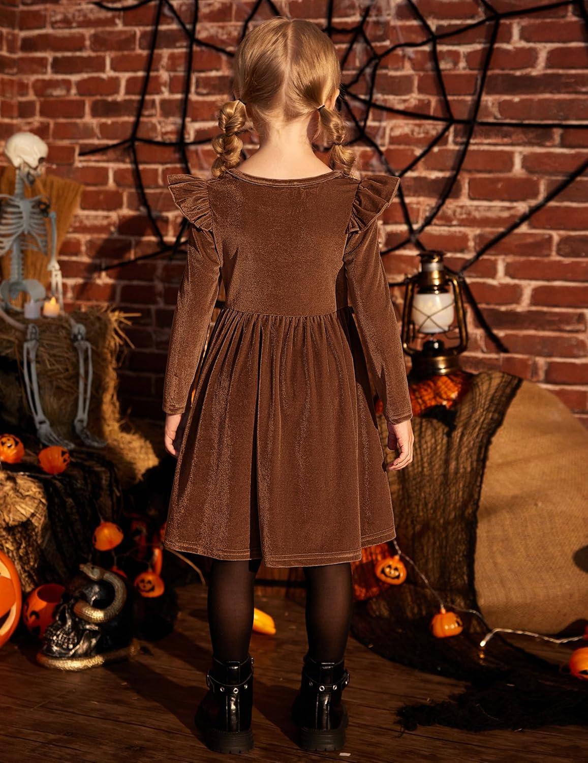 imageArshiner Toddler Velvet Dress Little Girls Fall Winter Long Sleeve Ruffle Holiday Birthday Party Dresses with PocketsBrown