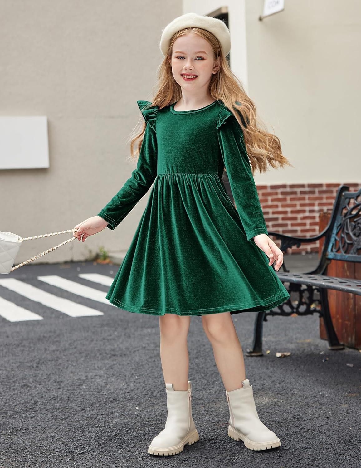 imageArshiner Toddler Velvet Dress Little Girls Fall Winter Long Sleeve Ruffle Holiday Birthday Party Dresses with PocketsGreen