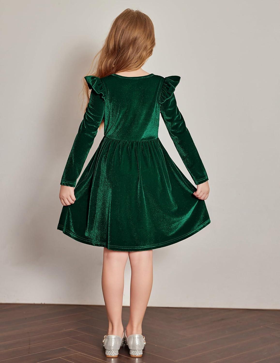 imageArshiner Toddler Velvet Dress Little Girls Fall Winter Long Sleeve Ruffle Holiday Birthday Party Dresses with PocketsGreen