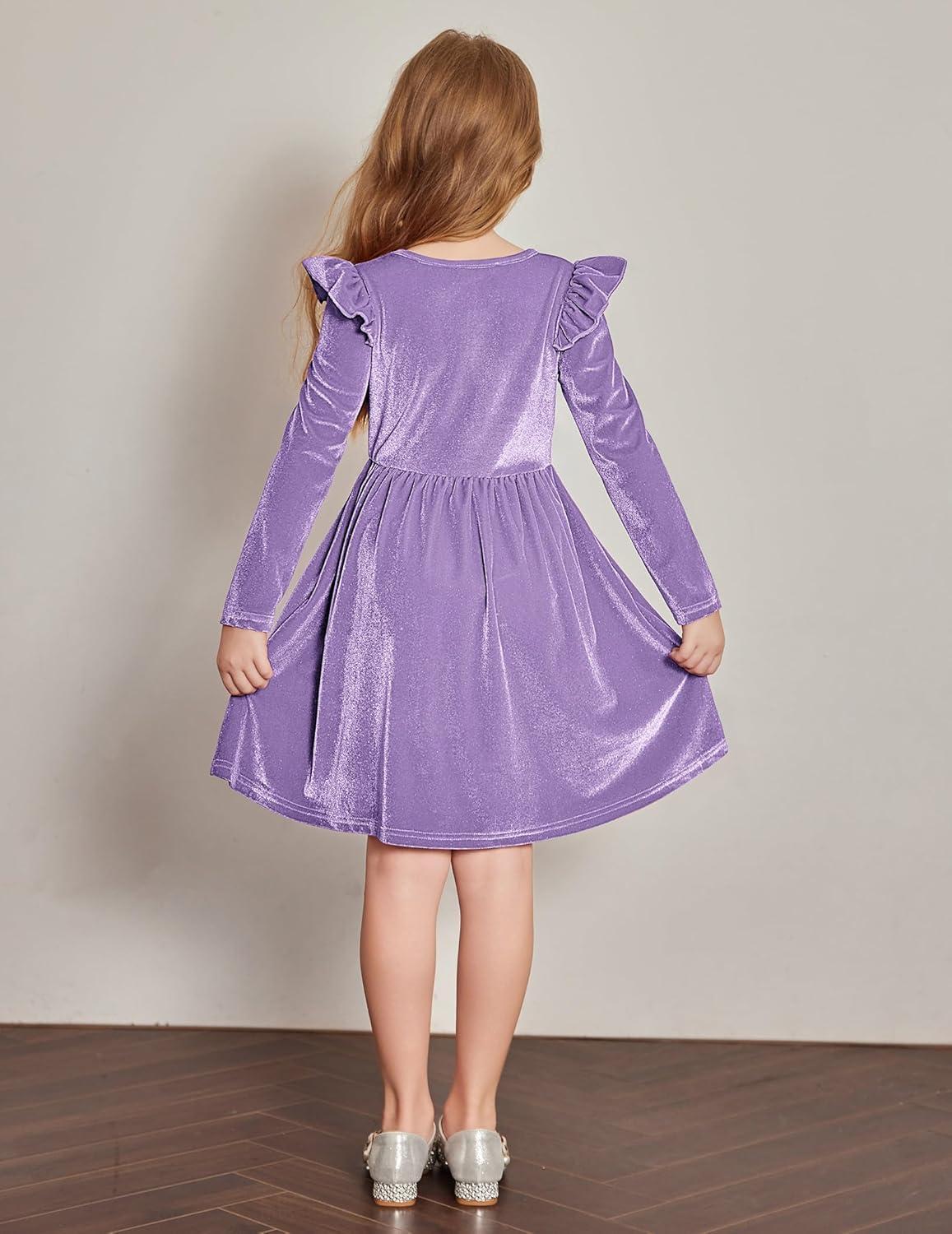 imageArshiner Toddler Velvet Dress Little Girls Fall Winter Long Sleeve Ruffle Holiday Birthday Party Dresses with PocketsLilac