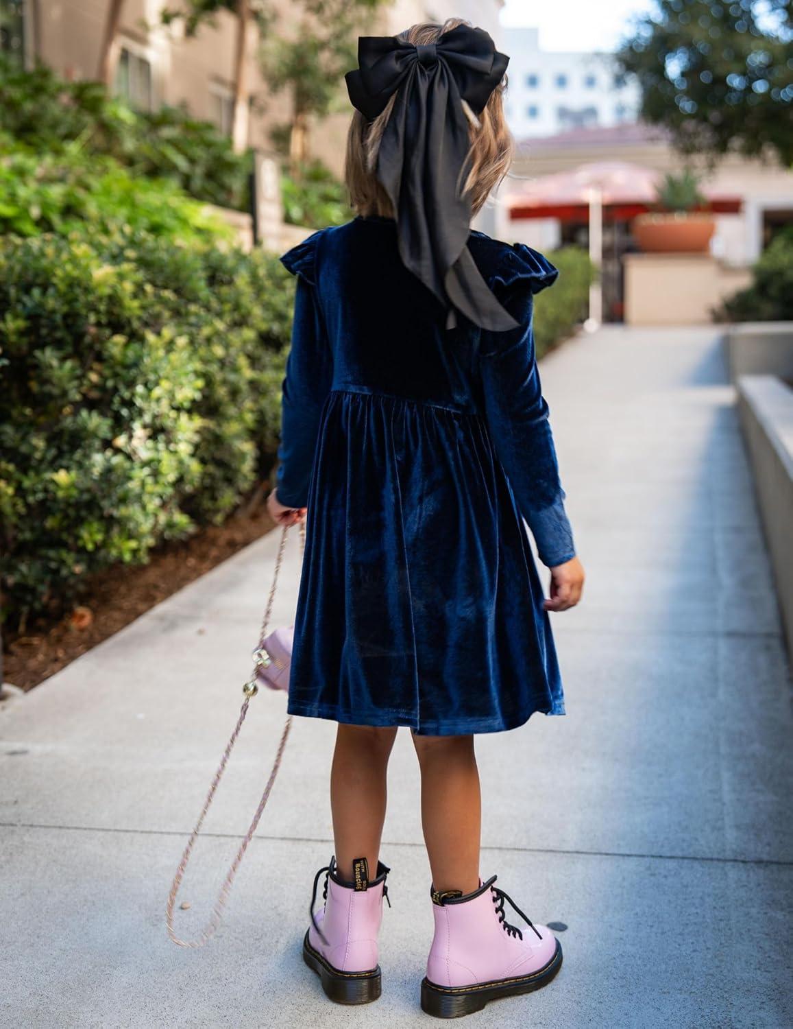 imageArshiner Toddler Velvet Dress Little Girls Fall Winter Long Sleeve Ruffle Holiday Birthday Party Dresses with PocketsNavy Blue
