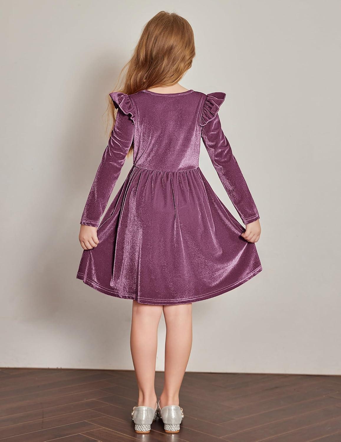 imageArshiner Toddler Velvet Dress Little Girls Fall Winter Long Sleeve Ruffle Holiday Birthday Party Dresses with PocketsPurple