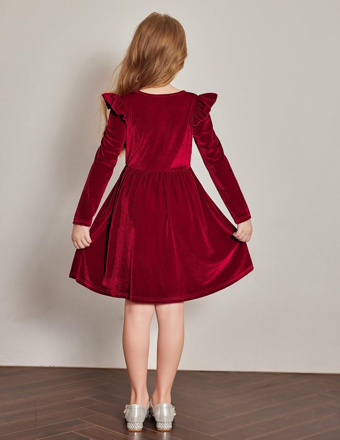imageArshiner Toddler Velvet Dress Little Girls Fall Winter Long Sleeve Ruffle Holiday Birthday Party Dresses with PocketsRed