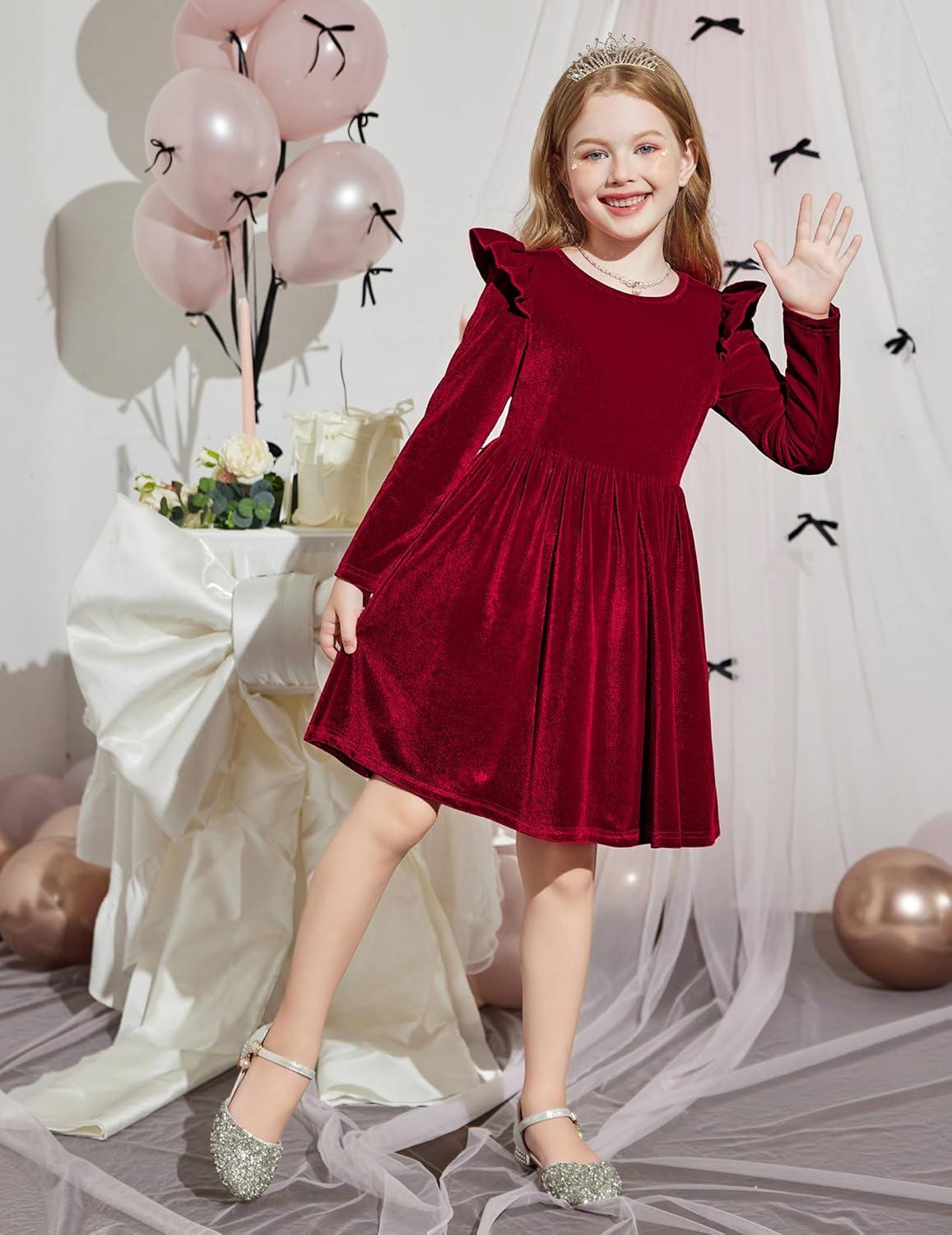 imageArshiner Toddler Velvet Dress Little Girls Fall Winter Long Sleeve Ruffle Holiday Birthday Party Dresses with PocketsRed