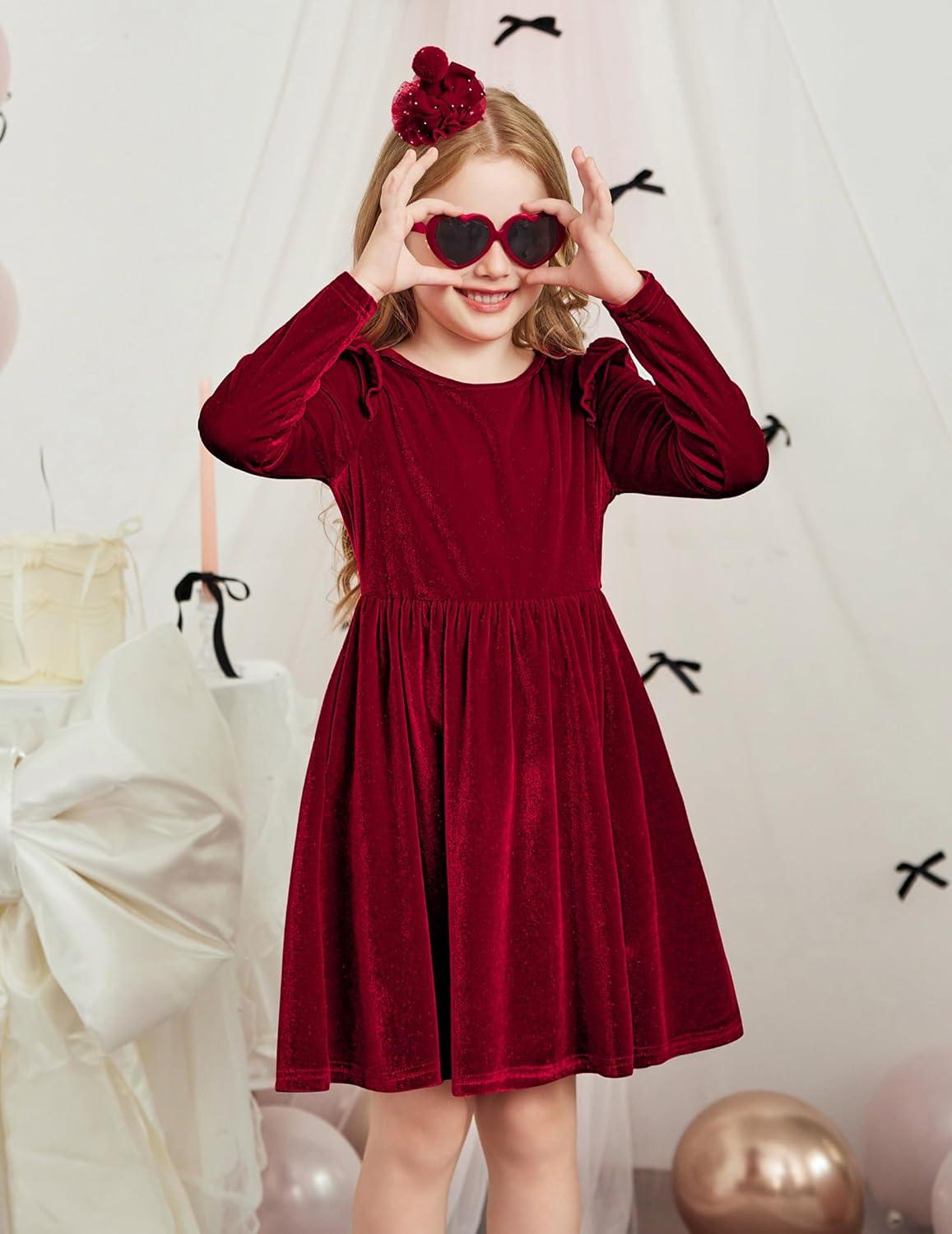 imageArshiner Toddler Velvet Dress Little Girls Fall Winter Long Sleeve Ruffle Holiday Birthday Party Dresses with PocketsRed