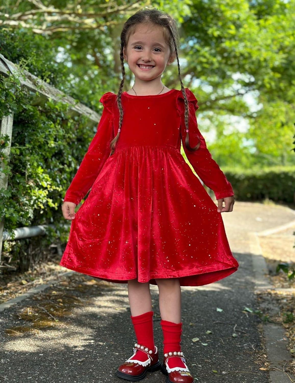 imageArshiner Toddler Velvet Dress Little Girls Fall Winter Long Sleeve Ruffle Holiday Birthday Party Dresses with PocketsRed Sequin