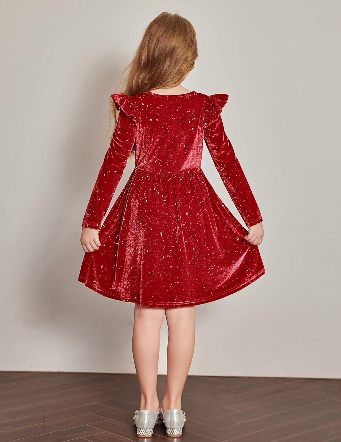 imageArshiner Toddler Velvet Dress Little Girls Fall Winter Long Sleeve Ruffle Holiday Birthday Party Dresses with PocketsRed Sequin