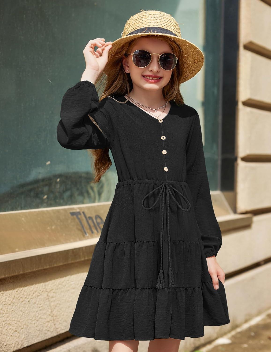 imageArshiner Tween Girls Dresses Fall Long Sleeve V Neck Waist Tie Ruffle Tiered Swing Skater DressBlack