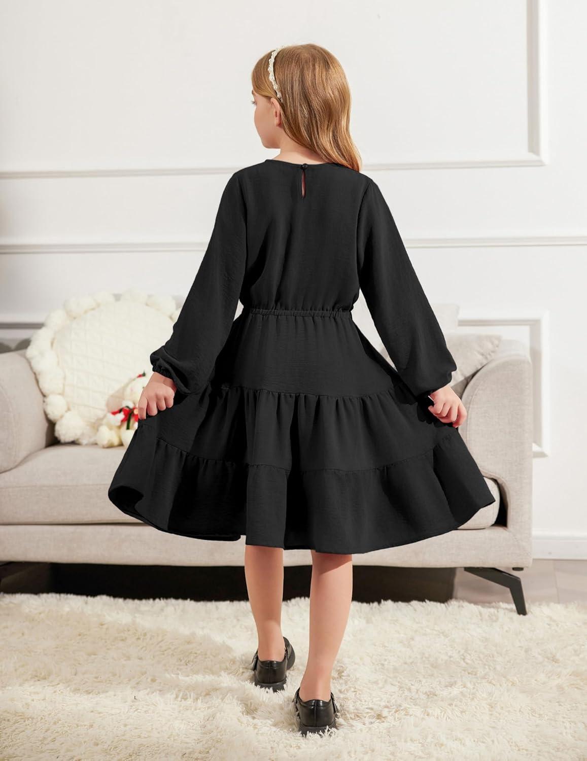 imageArshiner Tween Girls Dresses Fall Long Sleeve V Neck Waist Tie Ruffle Tiered Swing Skater DressBlack
