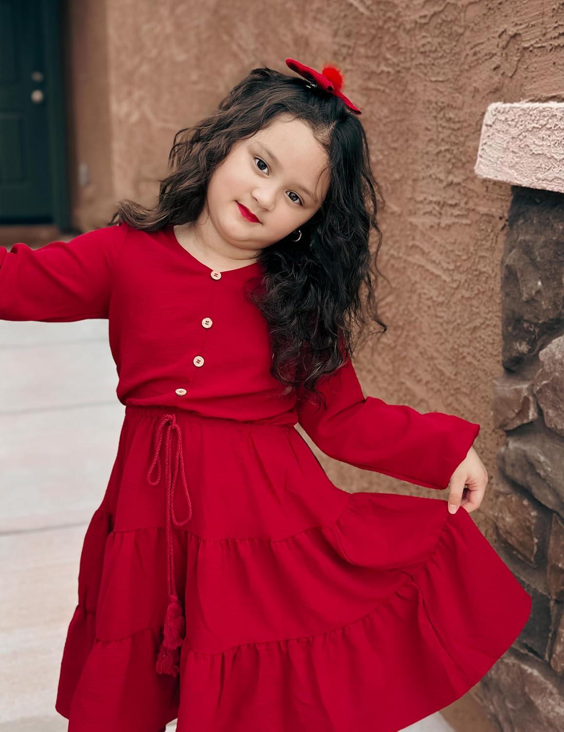 imageArshiner Tween Girls Dresses Fall Long Sleeve V Neck Waist Tie Ruffle Tiered Swing Skater DressBurgundy