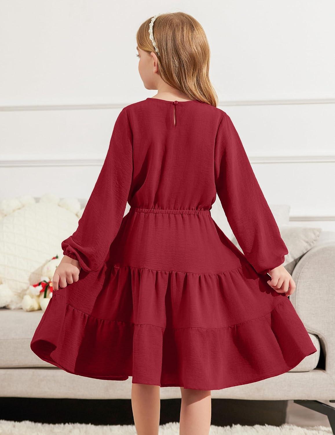 imageArshiner Tween Girls Dresses Fall Long Sleeve V Neck Waist Tie Ruffle Tiered Swing Skater DressBurgundy