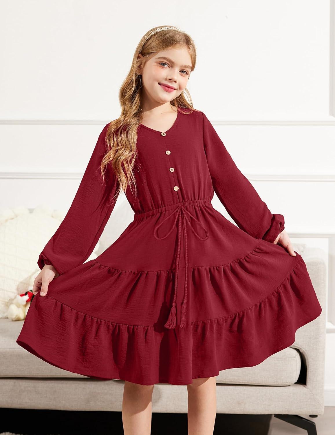 imageArshiner Tween Girls Dresses Fall Long Sleeve V Neck Waist Tie Ruffle Tiered Swing Skater DressBurgundy