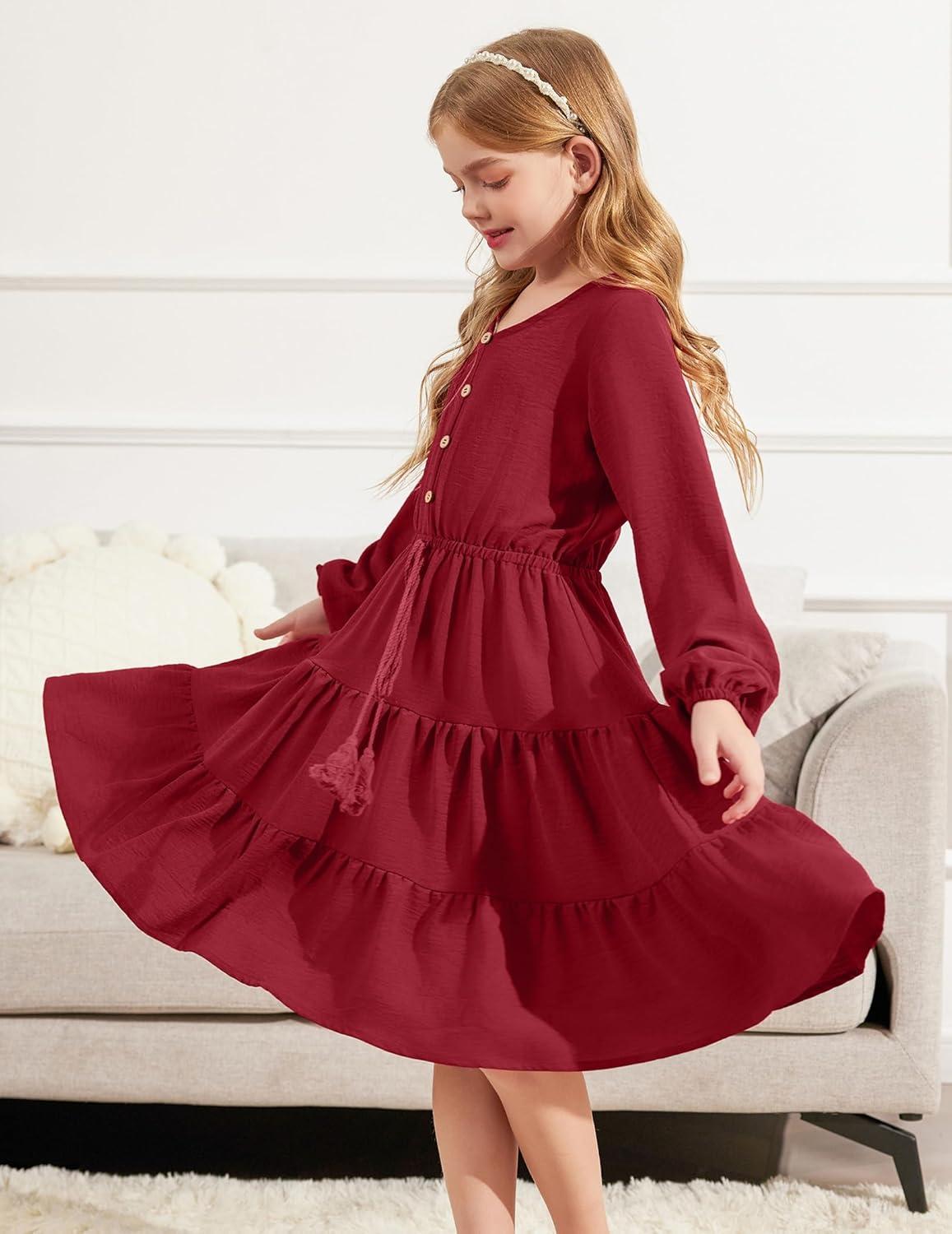imageArshiner Tween Girls Dresses Fall Long Sleeve V Neck Waist Tie Ruffle Tiered Swing Skater DressBurgundy