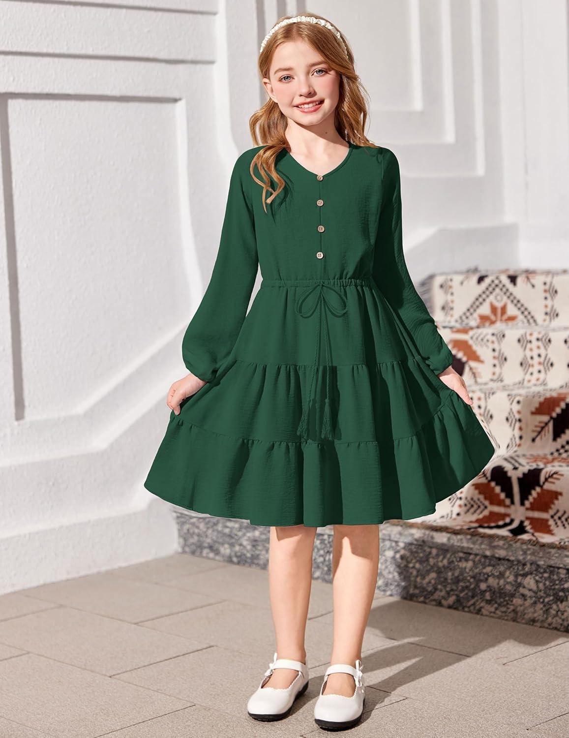 imageArshiner Tween Girls Dresses Fall Long Sleeve V Neck Waist Tie Ruffle Tiered Swing Skater DressGreen