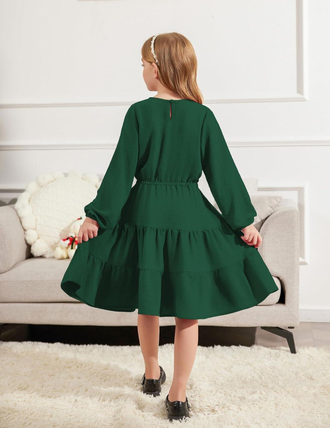 imageArshiner Tween Girls Dresses Fall Long Sleeve V Neck Waist Tie Ruffle Tiered Swing Skater DressGreen