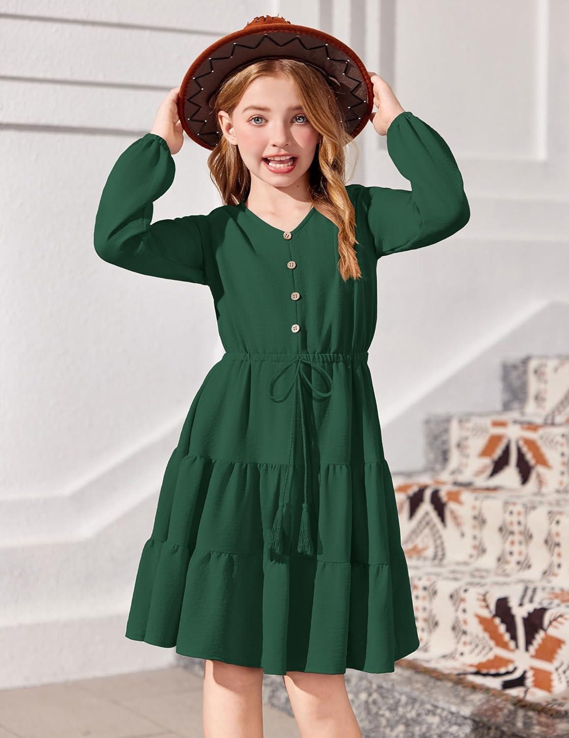 imageArshiner Tween Girls Dresses Fall Long Sleeve V Neck Waist Tie Ruffle Tiered Swing Skater DressGreen