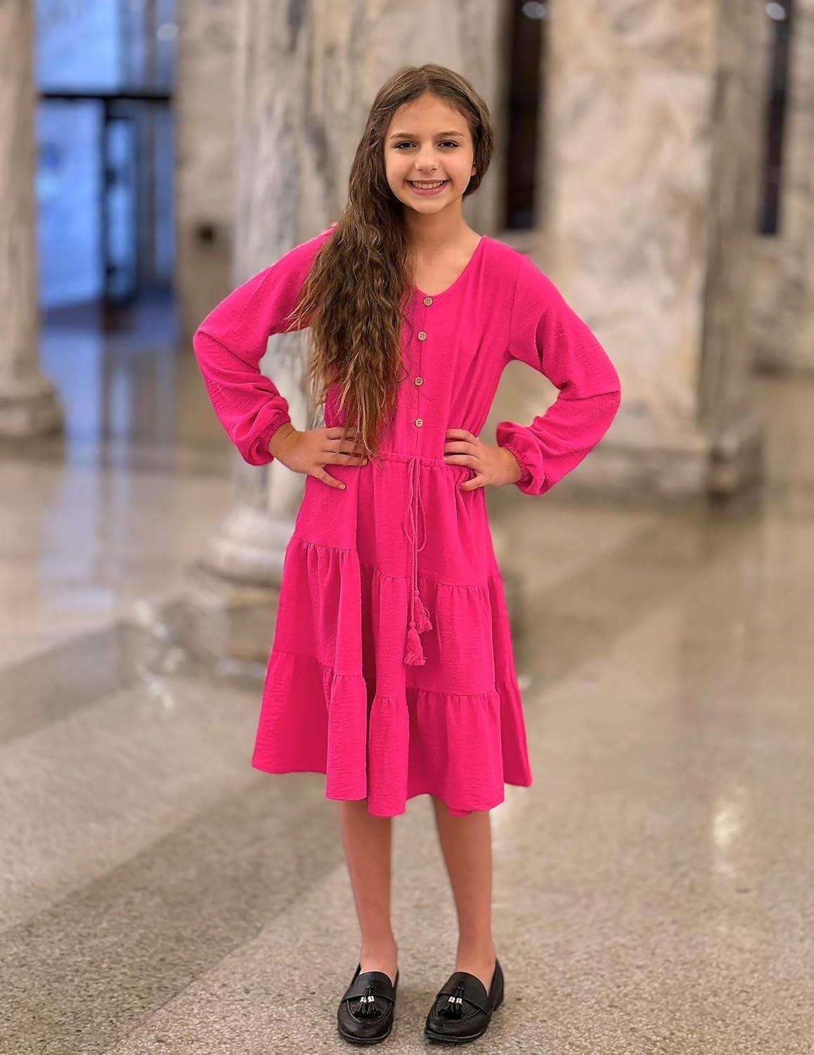 imageArshiner Tween Girls Dresses Fall Long Sleeve V Neck Waist Tie Ruffle Tiered Swing Skater DressHot Pink