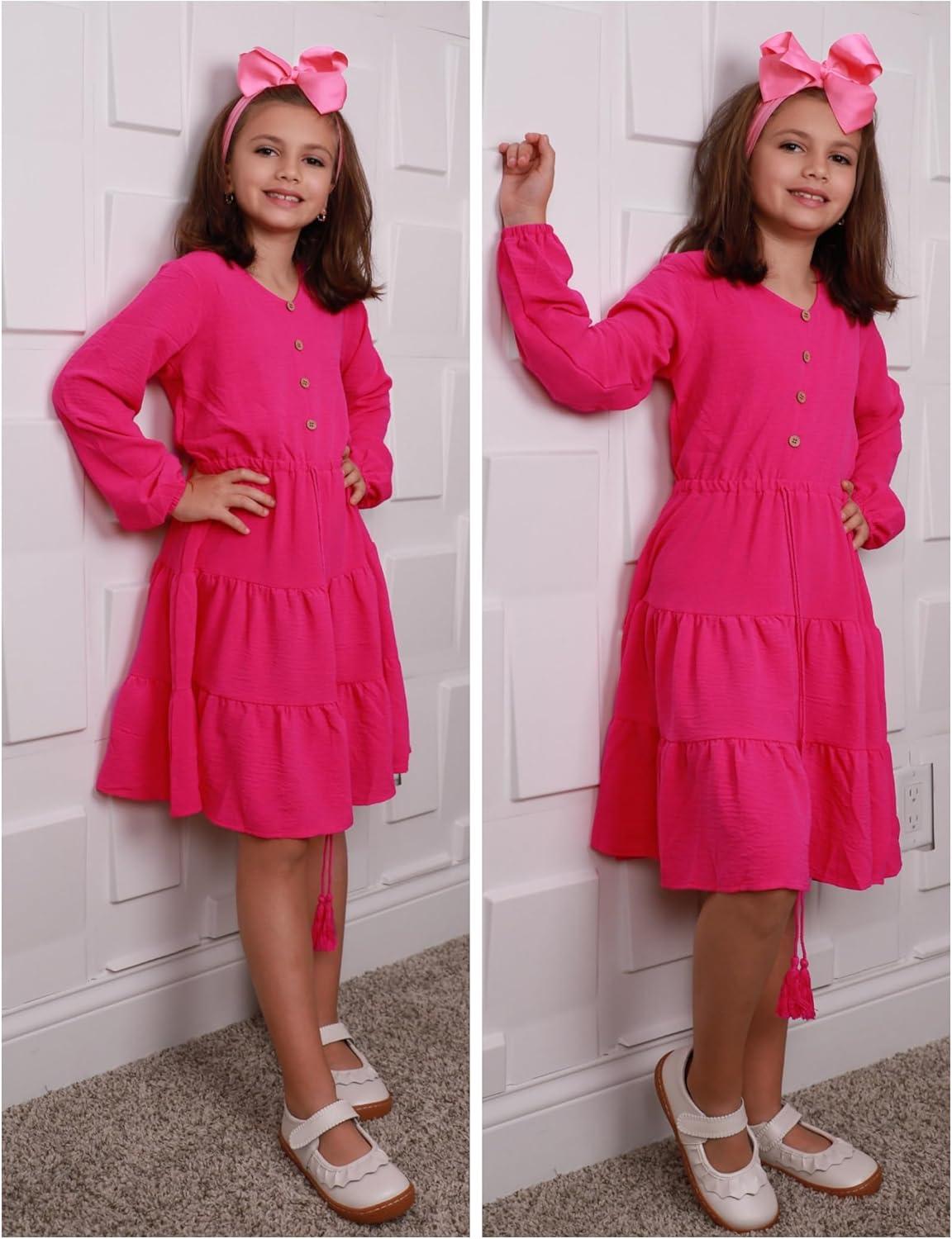 imageArshiner Tween Girls Dresses Fall Long Sleeve V Neck Waist Tie Ruffle Tiered Swing Skater DressHot Pink