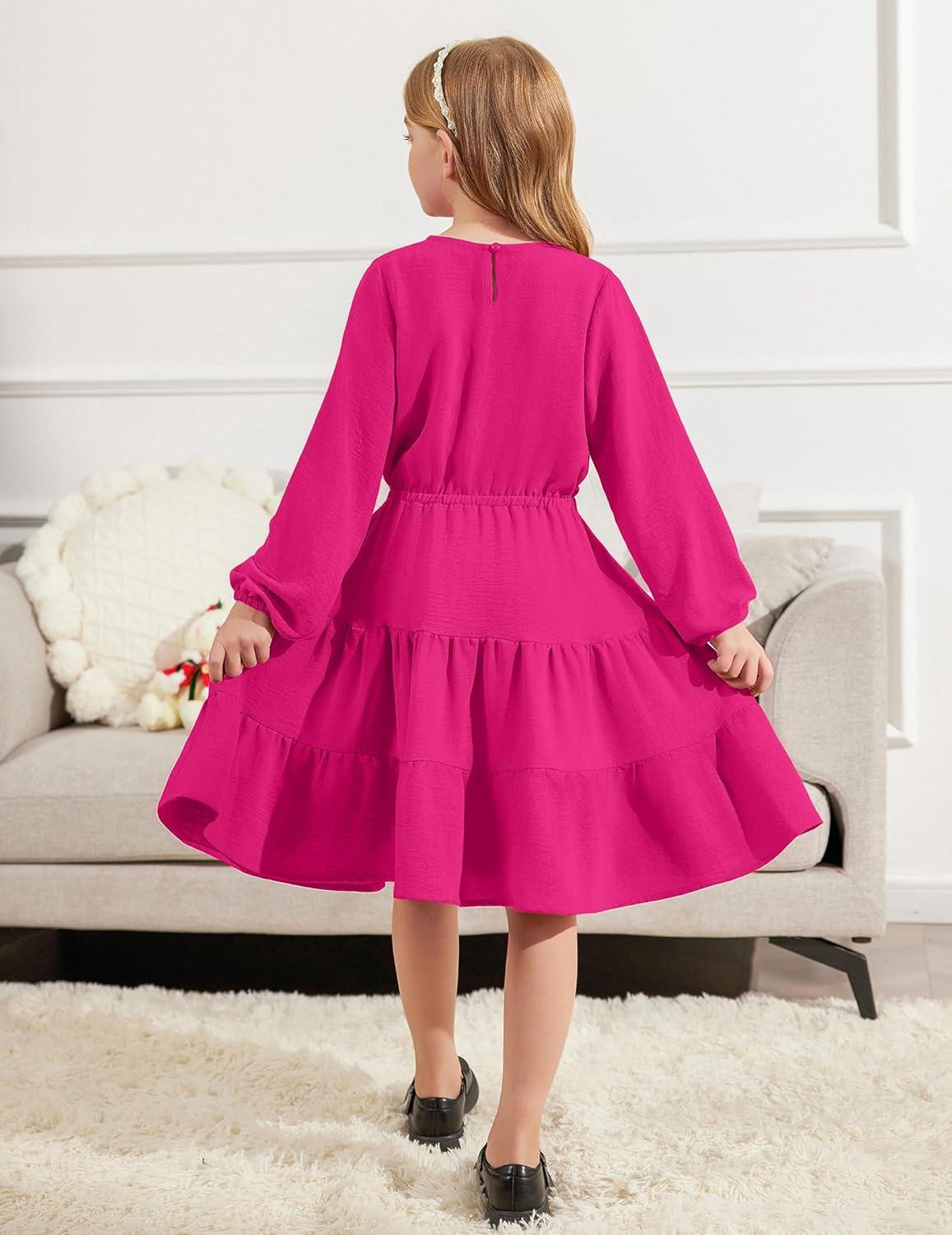 imageArshiner Tween Girls Dresses Fall Long Sleeve V Neck Waist Tie Ruffle Tiered Swing Skater DressHot Pink