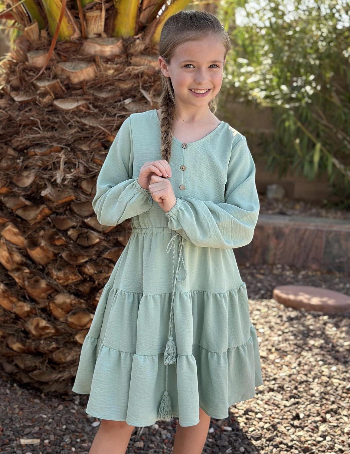 imageArshiner Tween Girls Dresses Fall Long Sleeve V Neck Waist Tie Ruffle Tiered Swing Skater DressLight Green