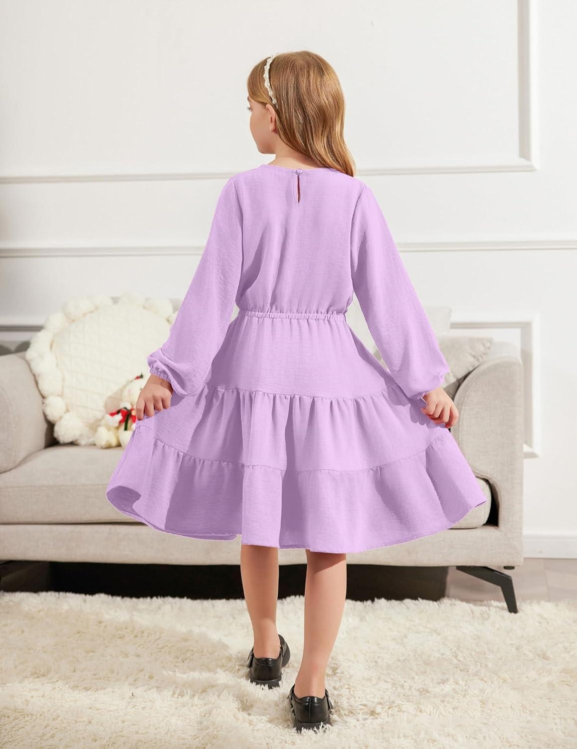 imageArshiner Tween Girls Dresses Fall Long Sleeve V Neck Waist Tie Ruffle Tiered Swing Skater DressLilac