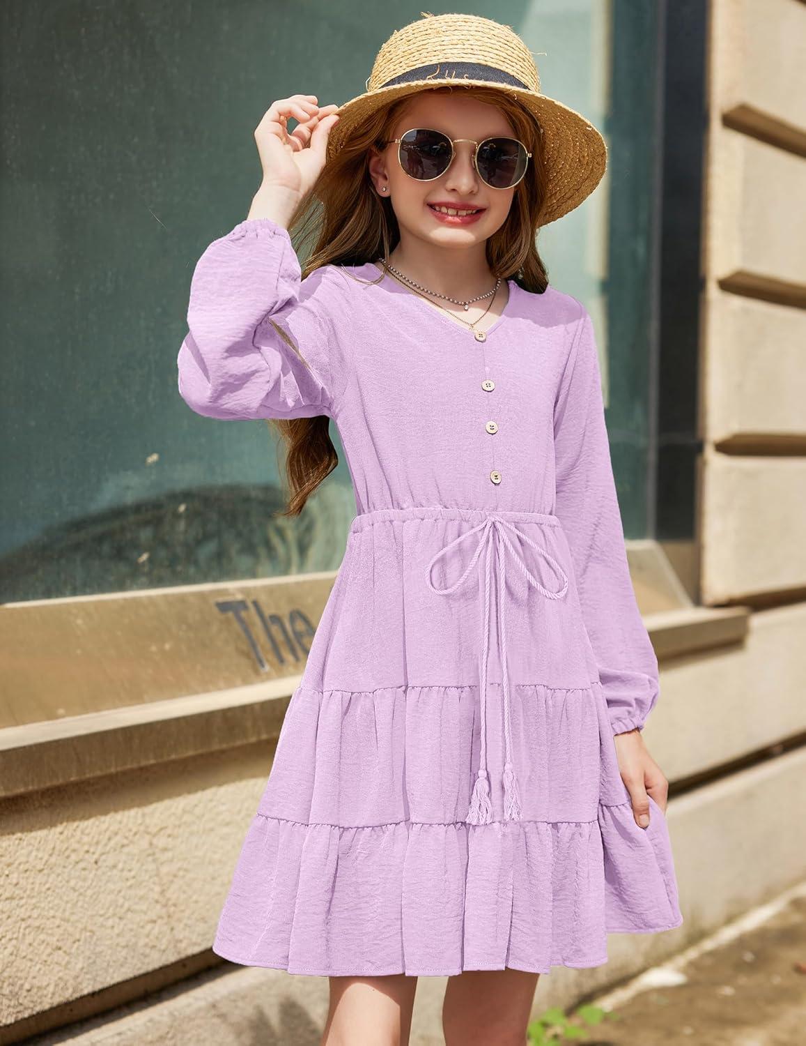 imageArshiner Tween Girls Dresses Fall Long Sleeve V Neck Waist Tie Ruffle Tiered Swing Skater DressLilac