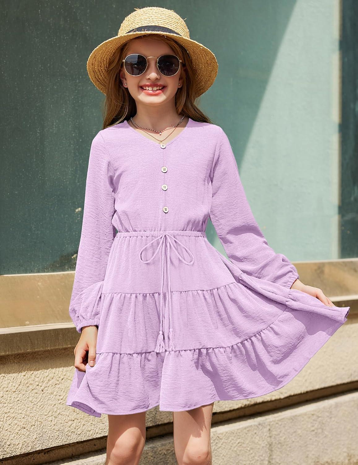 imageArshiner Tween Girls Dresses Fall Long Sleeve V Neck Waist Tie Ruffle Tiered Swing Skater DressLilac