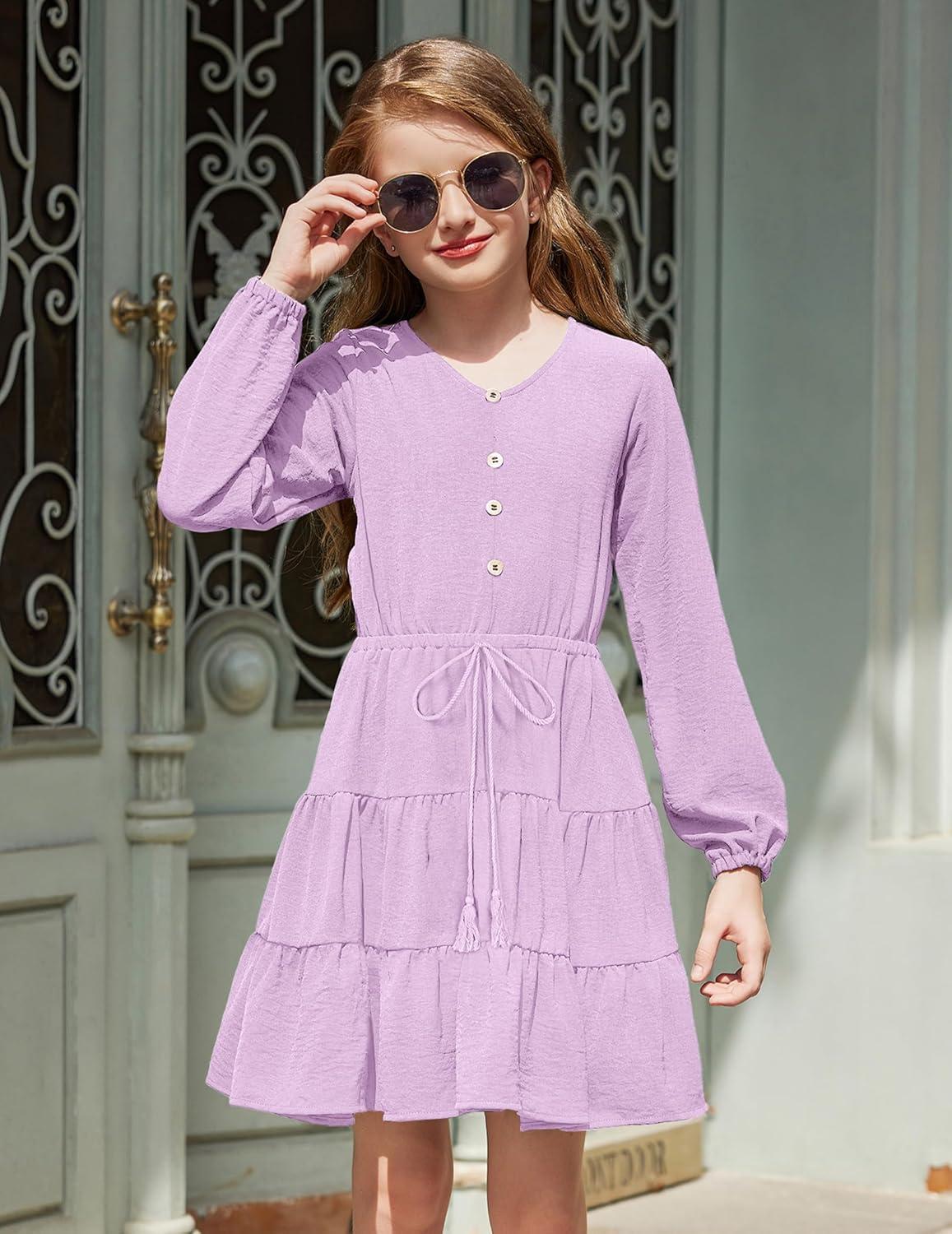 imageArshiner Tween Girls Dresses Fall Long Sleeve V Neck Waist Tie Ruffle Tiered Swing Skater DressLilac