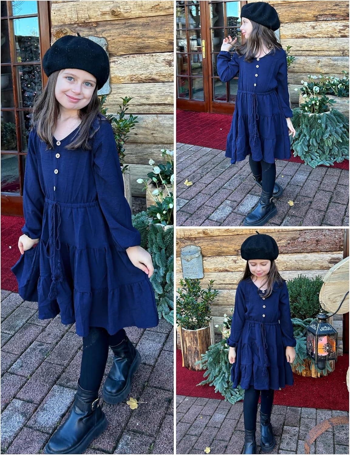 imageArshiner Tween Girls Dresses Fall Long Sleeve V Neck Waist Tie Ruffle Tiered Swing Skater DressNavy Blue