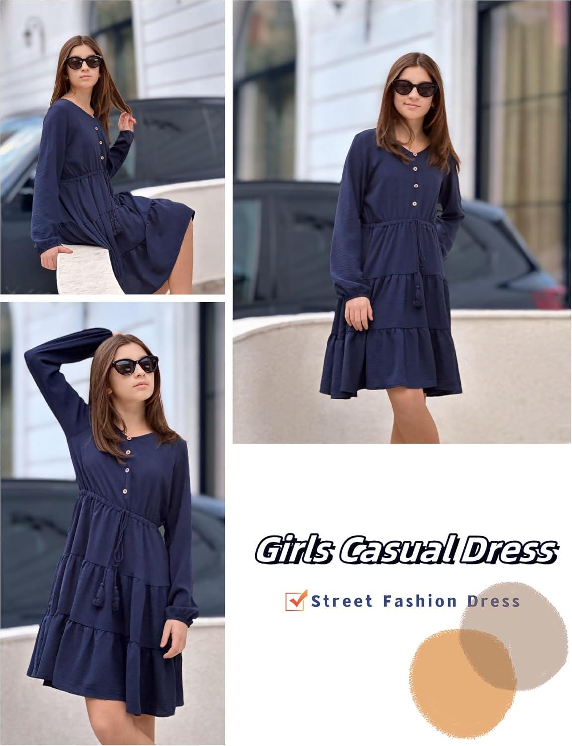 imageArshiner Tween Girls Dresses Fall Long Sleeve V Neck Waist Tie Ruffle Tiered Swing Skater DressNavy Blue