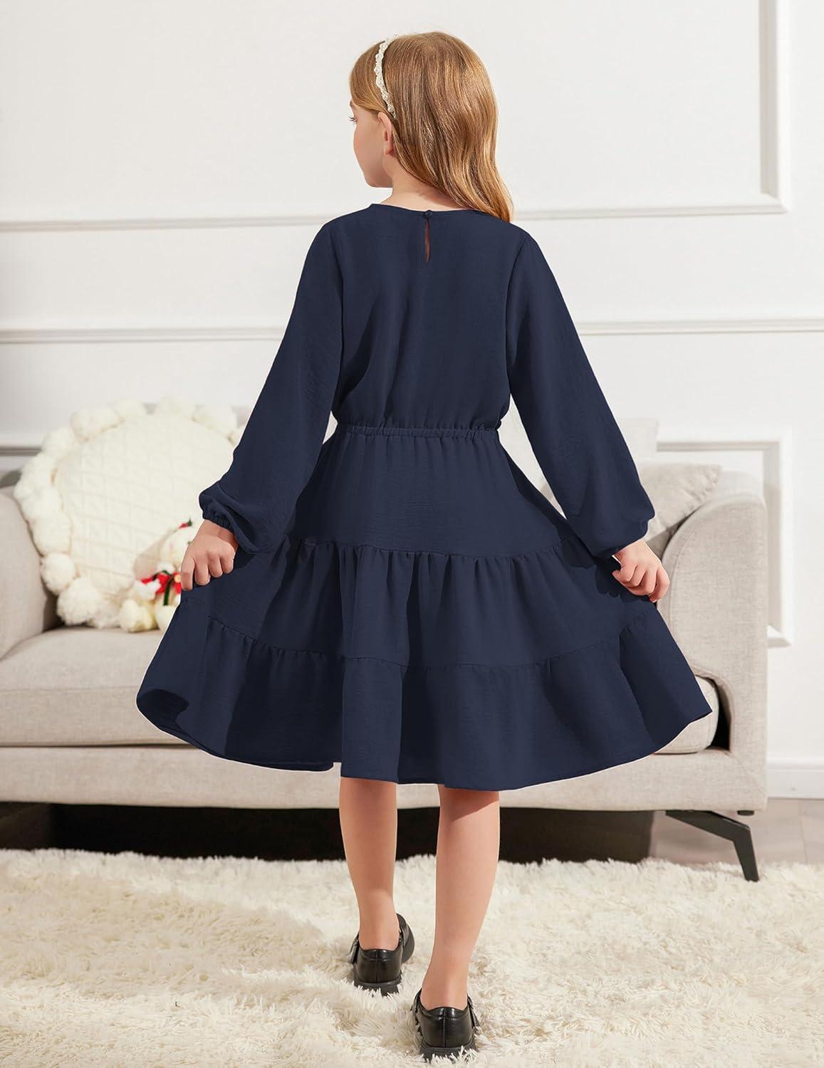 imageArshiner Tween Girls Dresses Fall Long Sleeve V Neck Waist Tie Ruffle Tiered Swing Skater DressNavy Blue