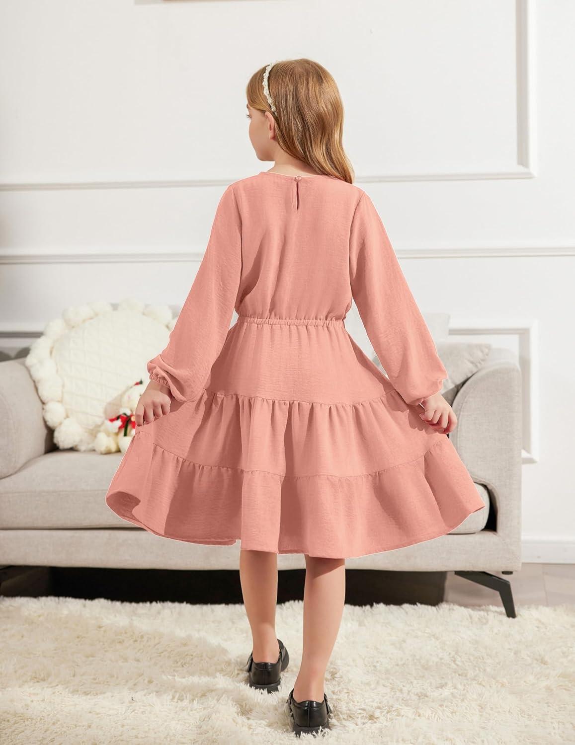 imageArshiner Tween Girls Dresses Fall Long Sleeve V Neck Waist Tie Ruffle Tiered Swing Skater DressPink