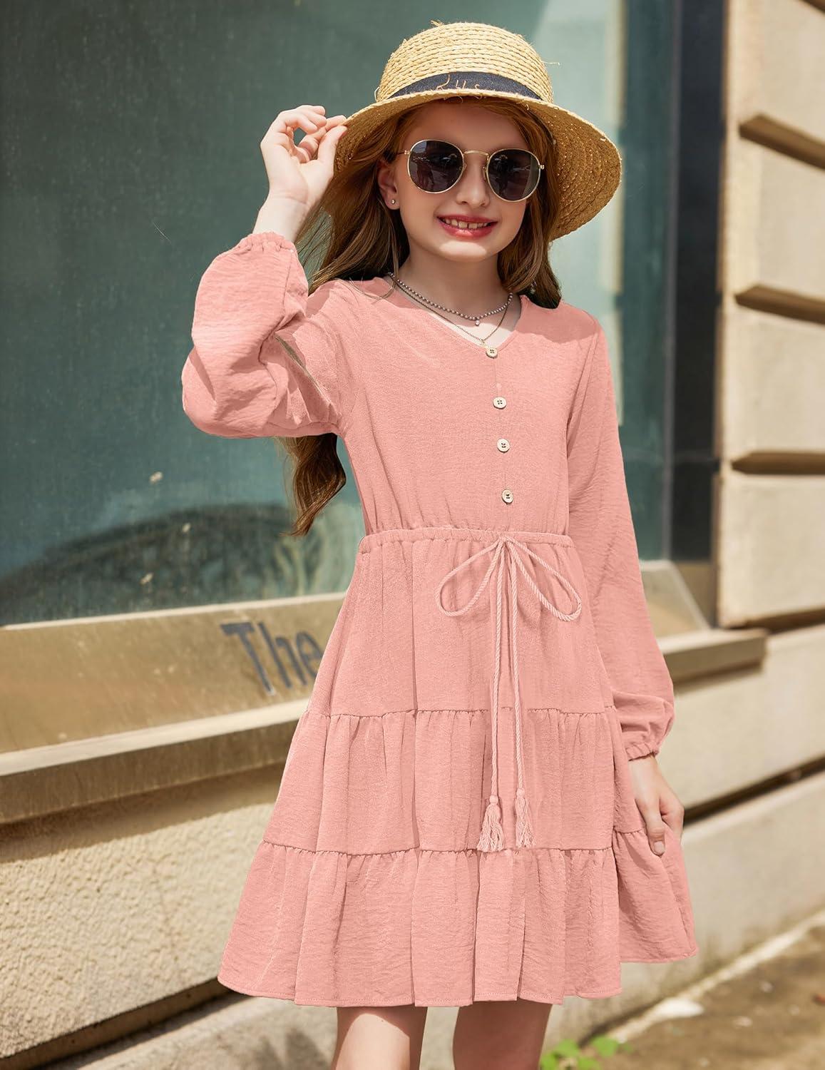 imageArshiner Tween Girls Dresses Fall Long Sleeve V Neck Waist Tie Ruffle Tiered Swing Skater DressPink