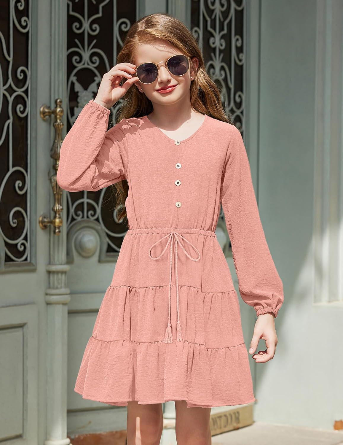 imageArshiner Tween Girls Dresses Fall Long Sleeve V Neck Waist Tie Ruffle Tiered Swing Skater DressPink
