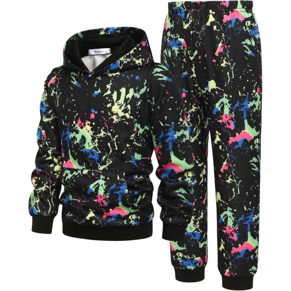 imageArshiner 2 Piece Outfit Boys Pullover Hoodies Sweatshirt Suit For Kids Tracksuit SetBlack Colorful Print