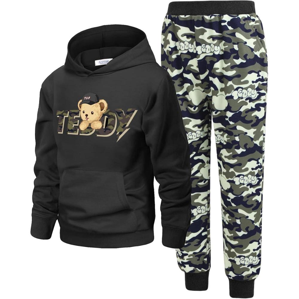 imageArshiner 2 Piece Outfit Boys Pullover Hoodies Sweatshirt Suit For Kids Tracksuit SetTeddy BalckCamo