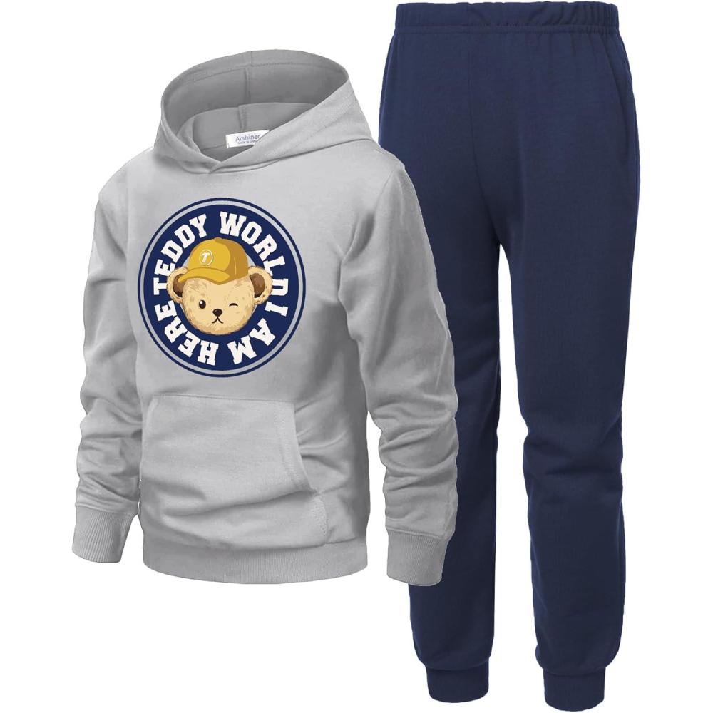 imageArshiner 2 Piece Outfit Boys Pullover Hoodies Sweatshirt Suit For Kids Tracksuit SetTeddy GreyNavy