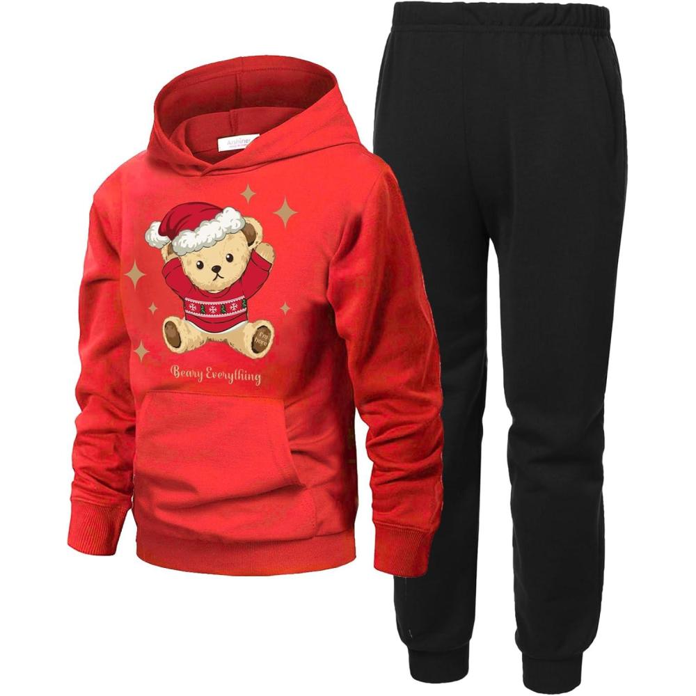 imageArshiner 2 Piece Outfit Boys Pullover Hoodies Sweatshirt Suit For Kids Tracksuit SetTeddy RedBlack