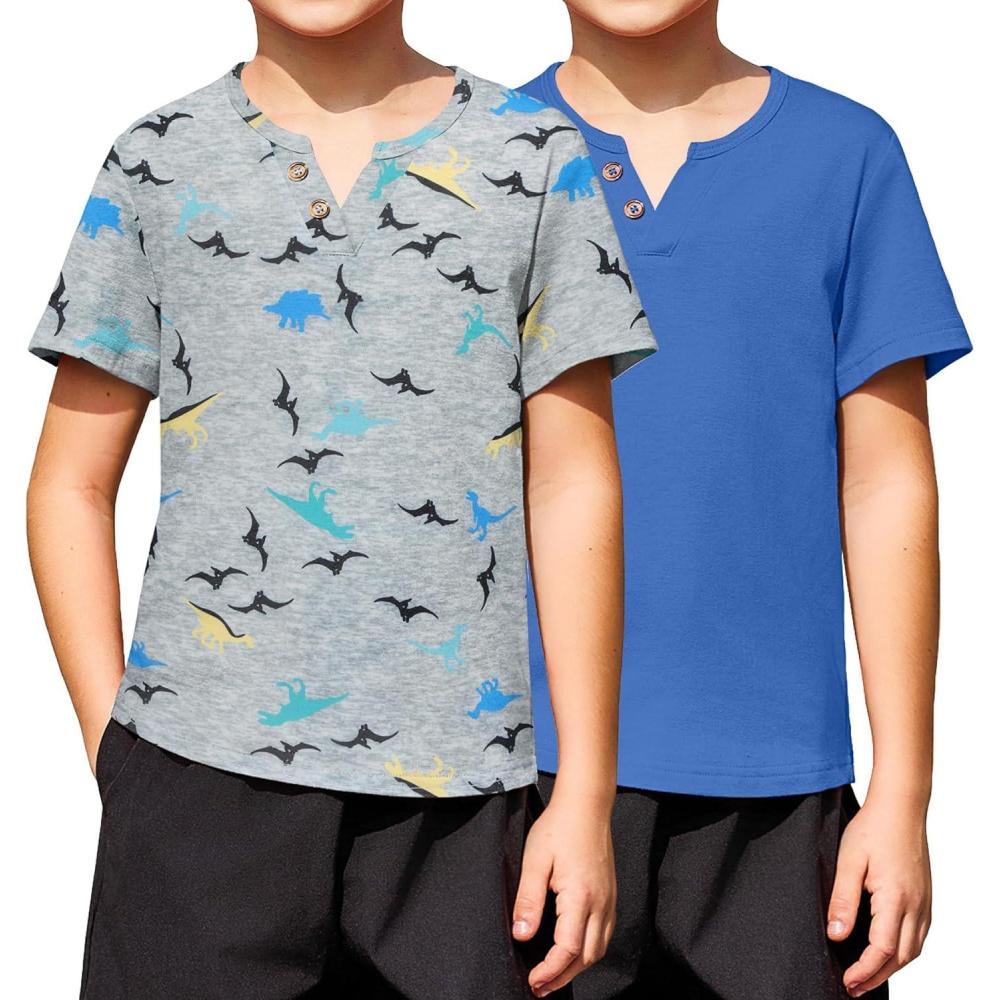 imageArshiner 2Pack Boys Henley Shirt Short Sleeve Cotton TShirt with Multi Color 512 YearsDinosaur Print Grayblue