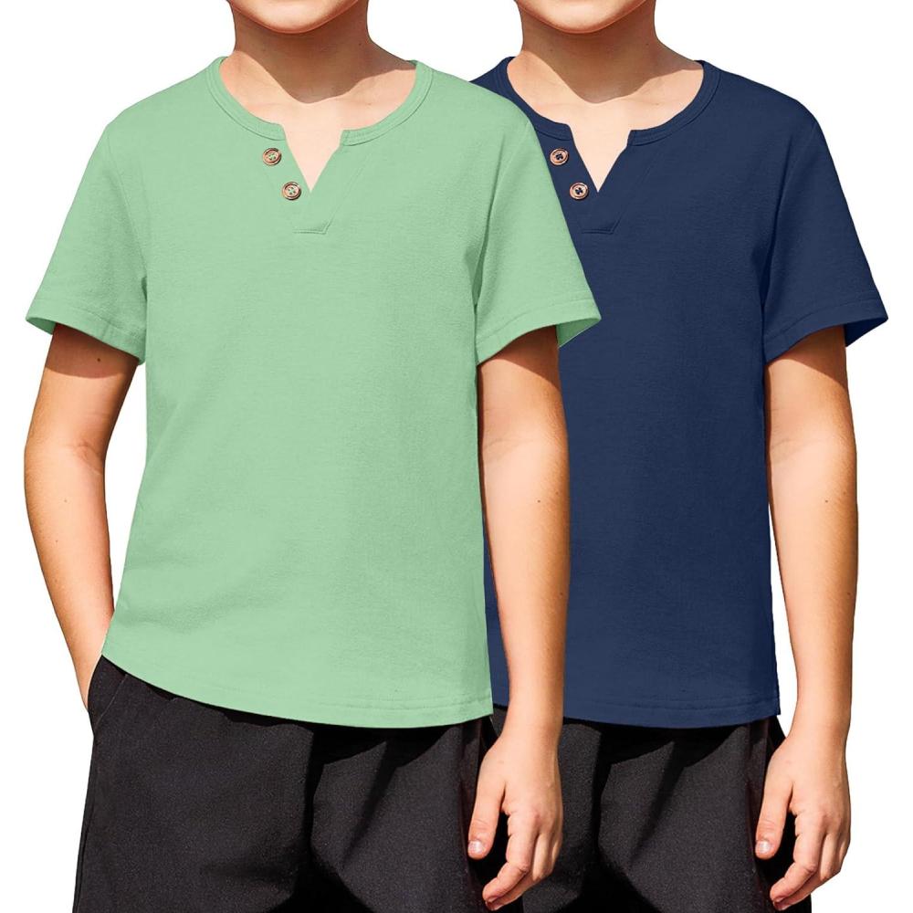 imageArshiner 2Pack Boys Henley Shirt Short Sleeve Cotton TShirt with Multi Color 512 YearsLight Greendark Blue