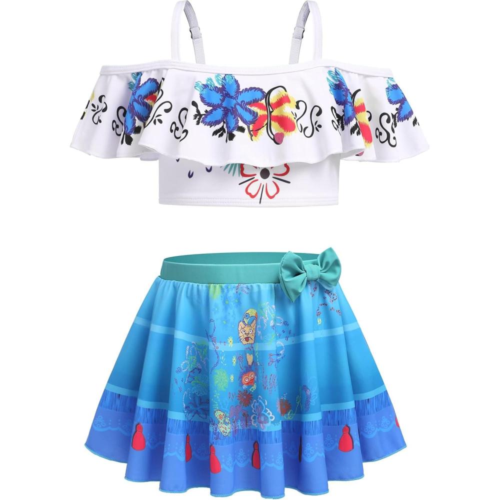 imageArshiner 3 Piece Tween Girls Swimsuit Ruffle Sleeve Athletic Tankini Sport Swimwear with Swimming SkirtBlue Pattern