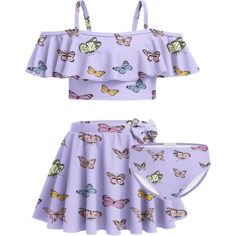 imageArshiner 3 Piece Tween Girls Swimsuit Ruffle Sleeve Athletic Tankini Sport Swimwear with Swimming SkirtColorful Butterfly