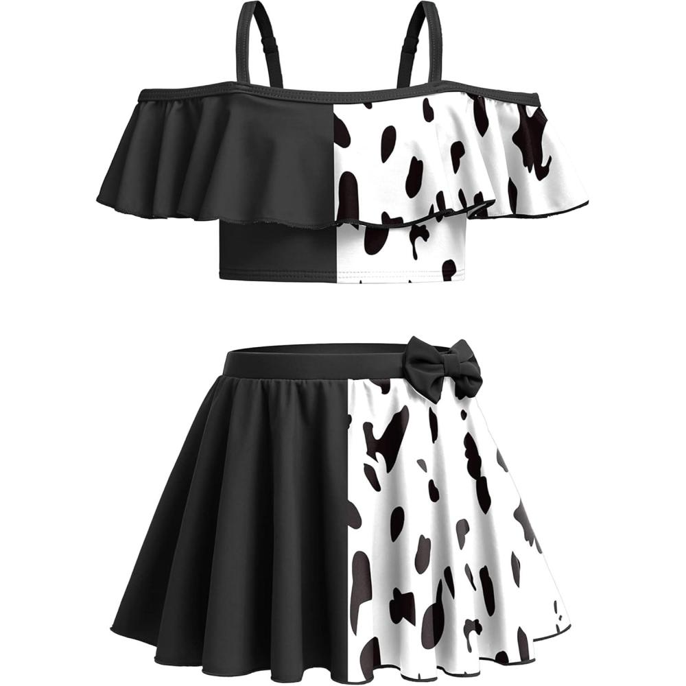imageArshiner 3 Piece Tween Girls Swimsuit Ruffle Sleeve Athletic Tankini Sport Swimwear with Swimming SkirtCow Print