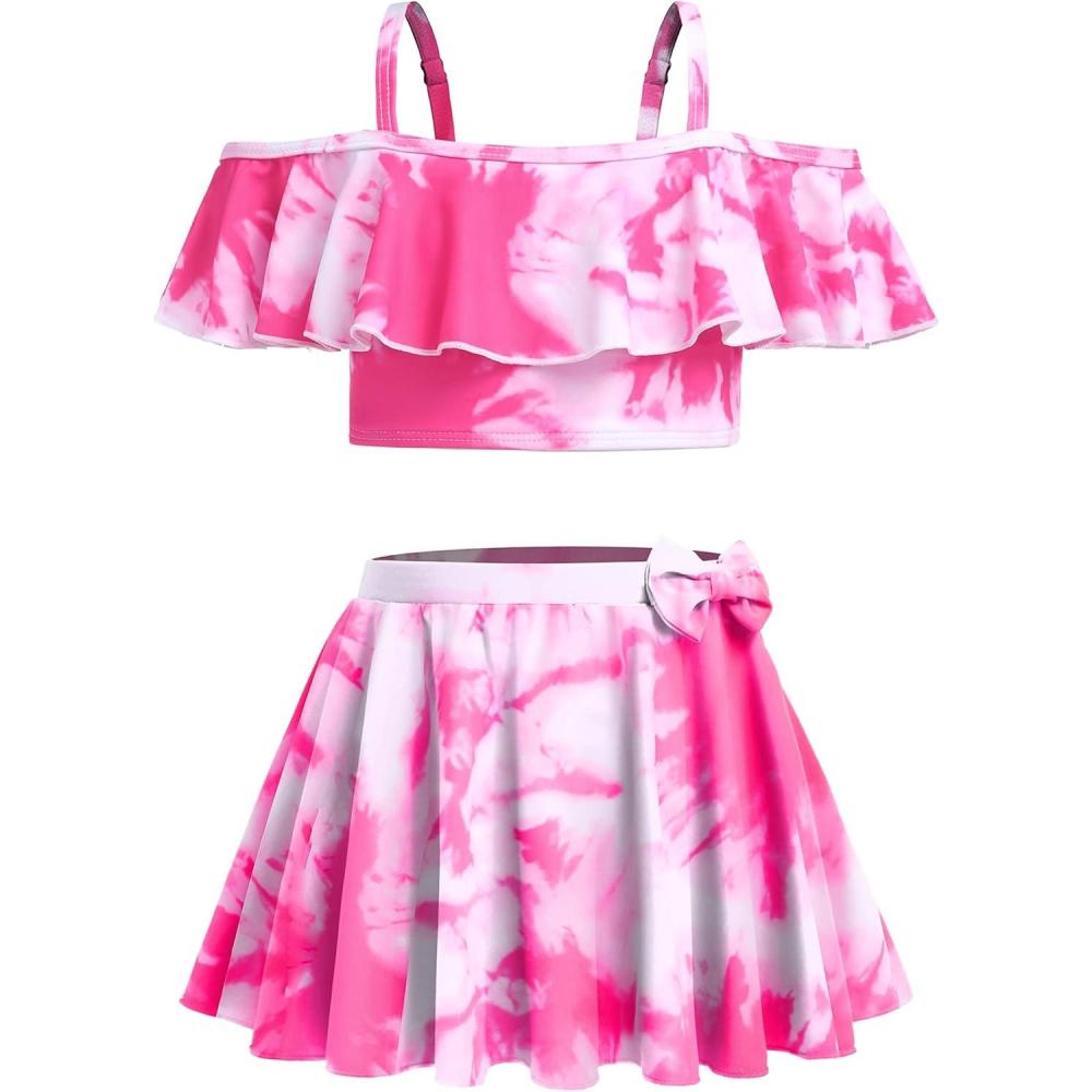 imageArshiner 3 Piece Tween Girls Swimsuit Ruffle Sleeve Athletic Tankini Sport Swimwear with Swimming SkirtPink Tie Dye