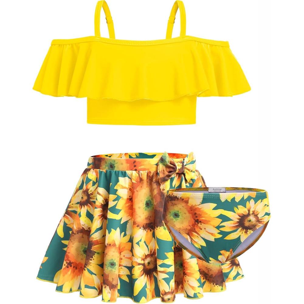 imageArshiner 3 Piece Tween Girls Swimsuit Ruffle Sleeve Athletic Tankini Sport Swimwear with Swimming SkirtSunflower