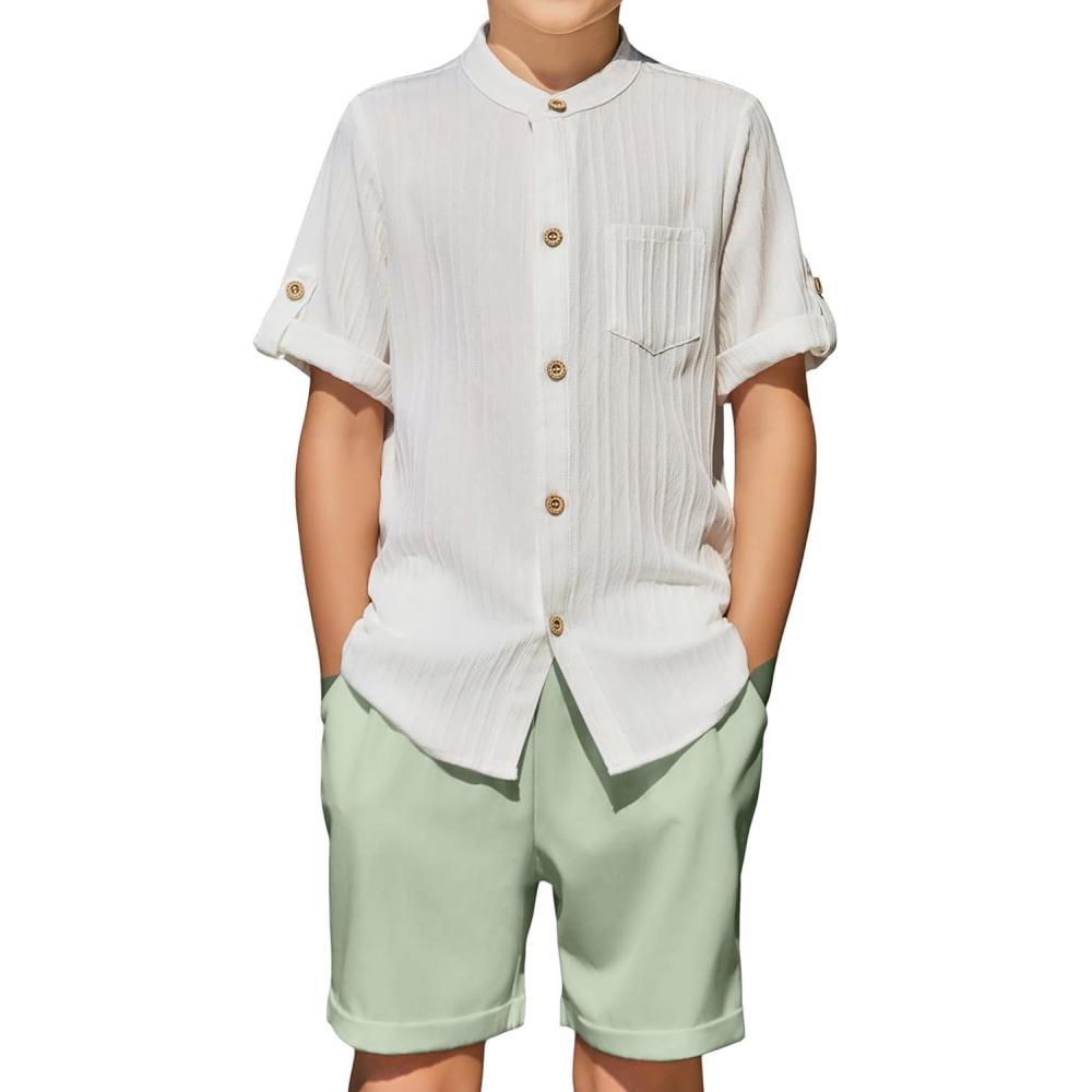imageArshiner Boys 2 Piece Beach Outfit Short Sleeve Textured Button Down Shirt and Short Sets Summer Vacation Wear 512 YearsWhite  Light Green