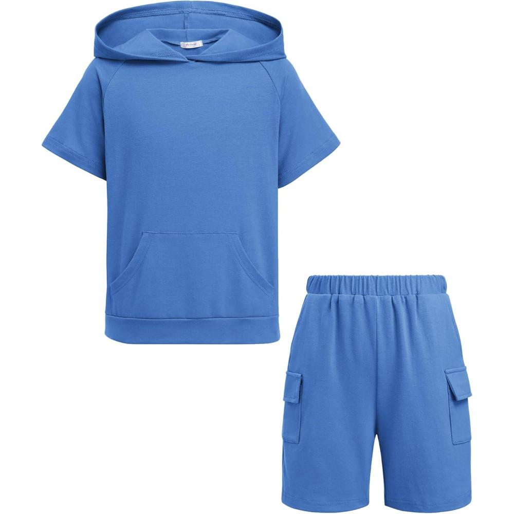 imageArshiner Boys 2 Piece Summer Outfits Letter Graphic Colorblock Short Sleeve Hoodie and Short Sets whith Pockets 512 YearsBlue